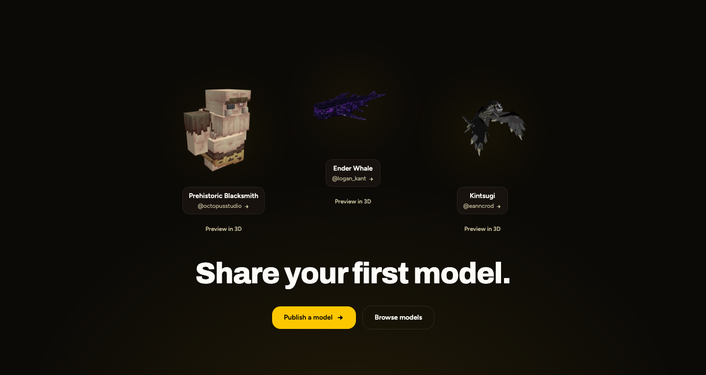 Prehistoric Blacksmith, Ender Whale, and Kintsugi arranged in a half circle above Share your first model, with model and creator links.