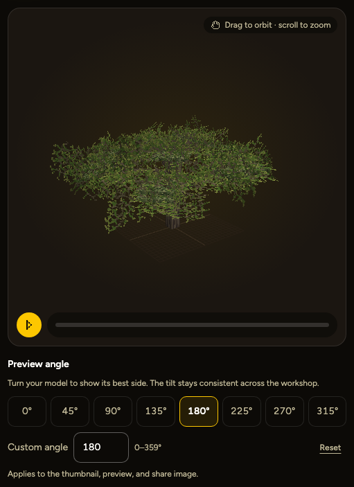 Model preview with 180° selected, angle presets, a custom angle field, and Reset